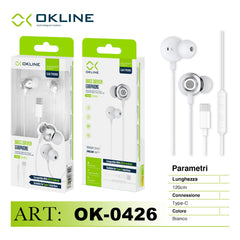 ART.OK-0426 OKLINE BASS DRIVEN AURICOLARE A FILO TYPE-C BIANCO-GRIGIO - koseakasa