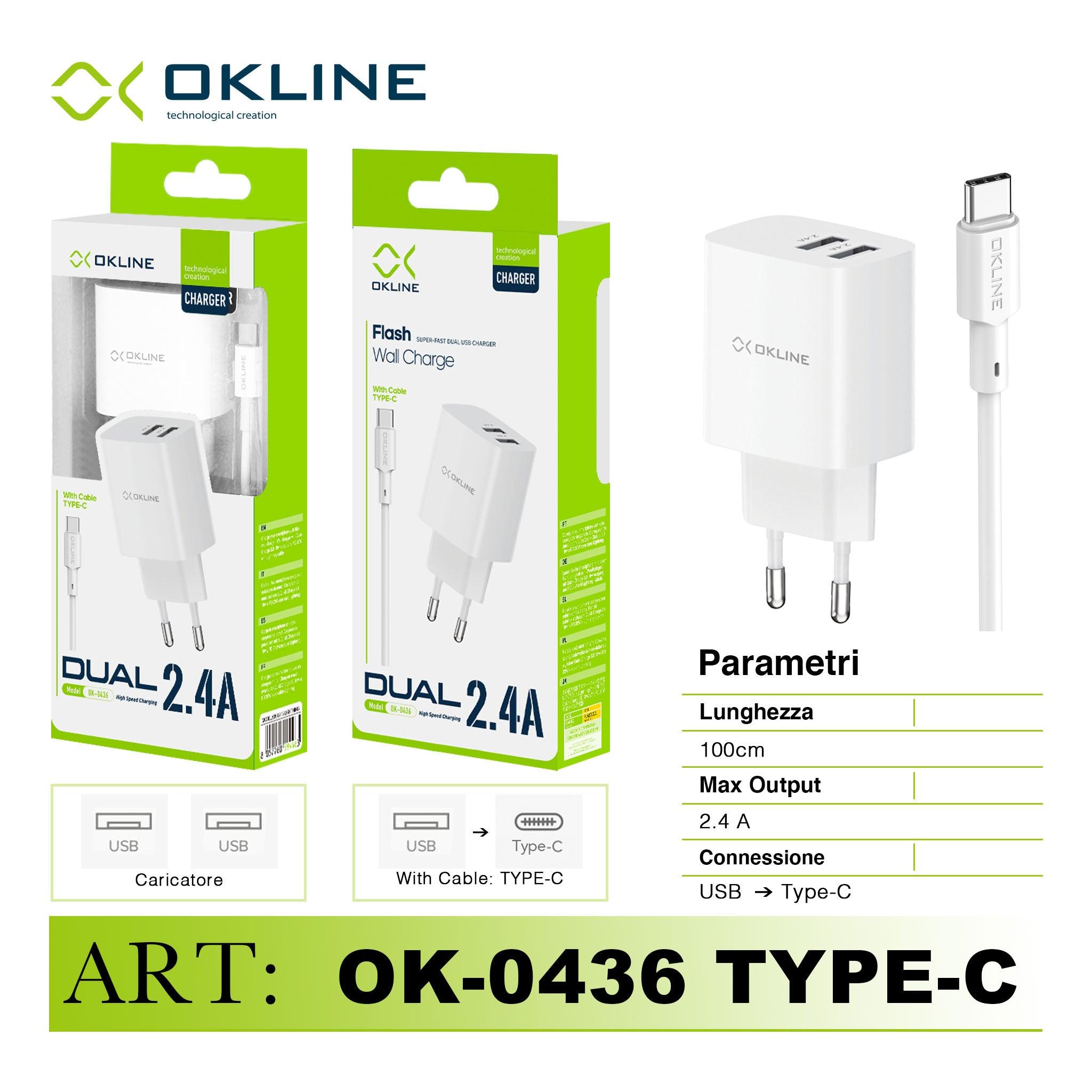 ART.OK-0436TC OKLINE Flash Caricatore da muro doppia USB 2.4A Con Type-C USB Cavo Bianco - koseakasa