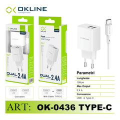 ART.OK-0436TC OKLINE Flash Caricatore da muro doppia USB 2.4A Con Type-C USB Cavo Bianco - koseakasa