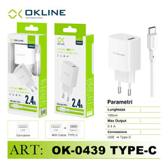 ART.OK-0439TC OKLINE Smart Fast Caricatore da muro USB 2.4A Con Type-C USB Cavo Bianco - koseakasa