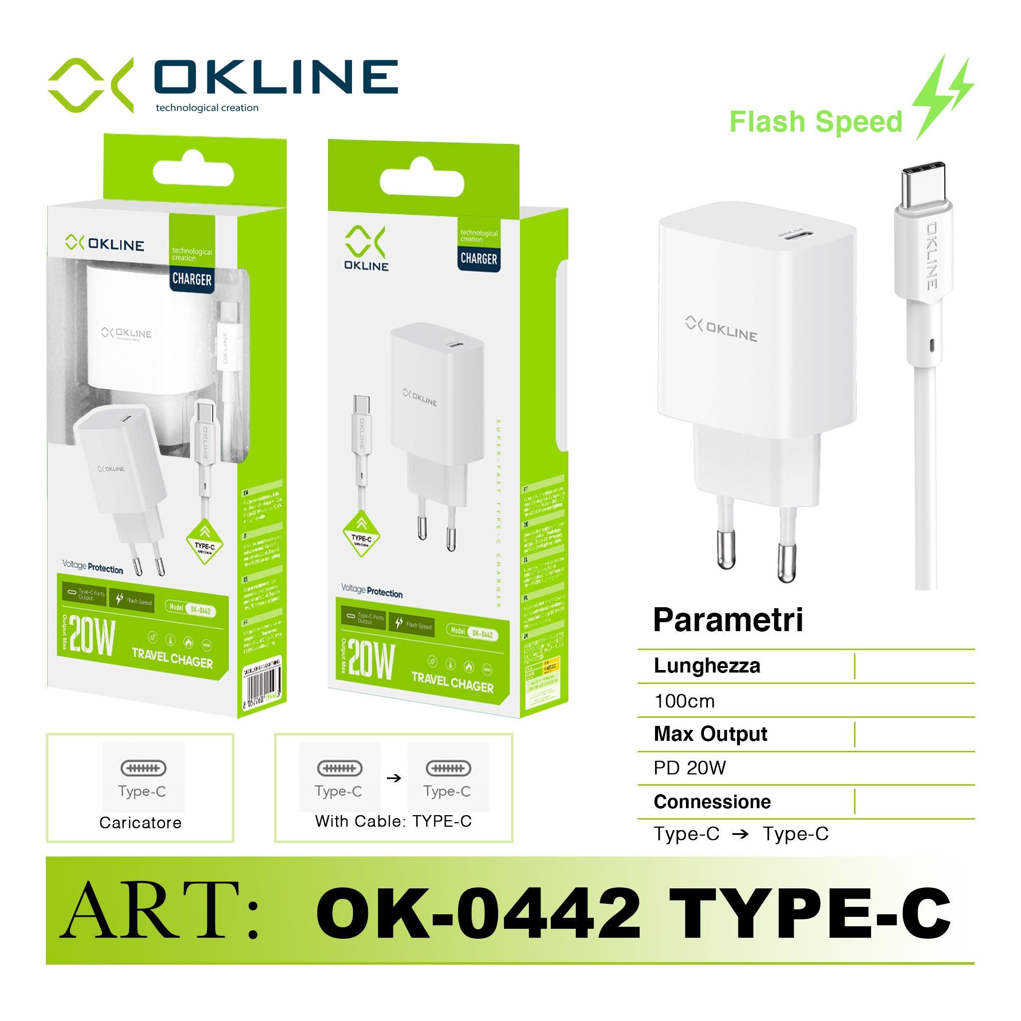 ART.OK-0442TC OKLINE Caricatore da muro PD20W Pro Con Type-C Type-C Cavo Bianco - koseakasa