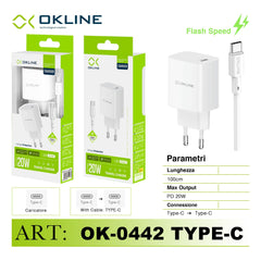 ART.OK-0442TC OKLINE Caricatore da muro PD20W Pro Con Type-C Type-C Cavo Bianco - koseakasa