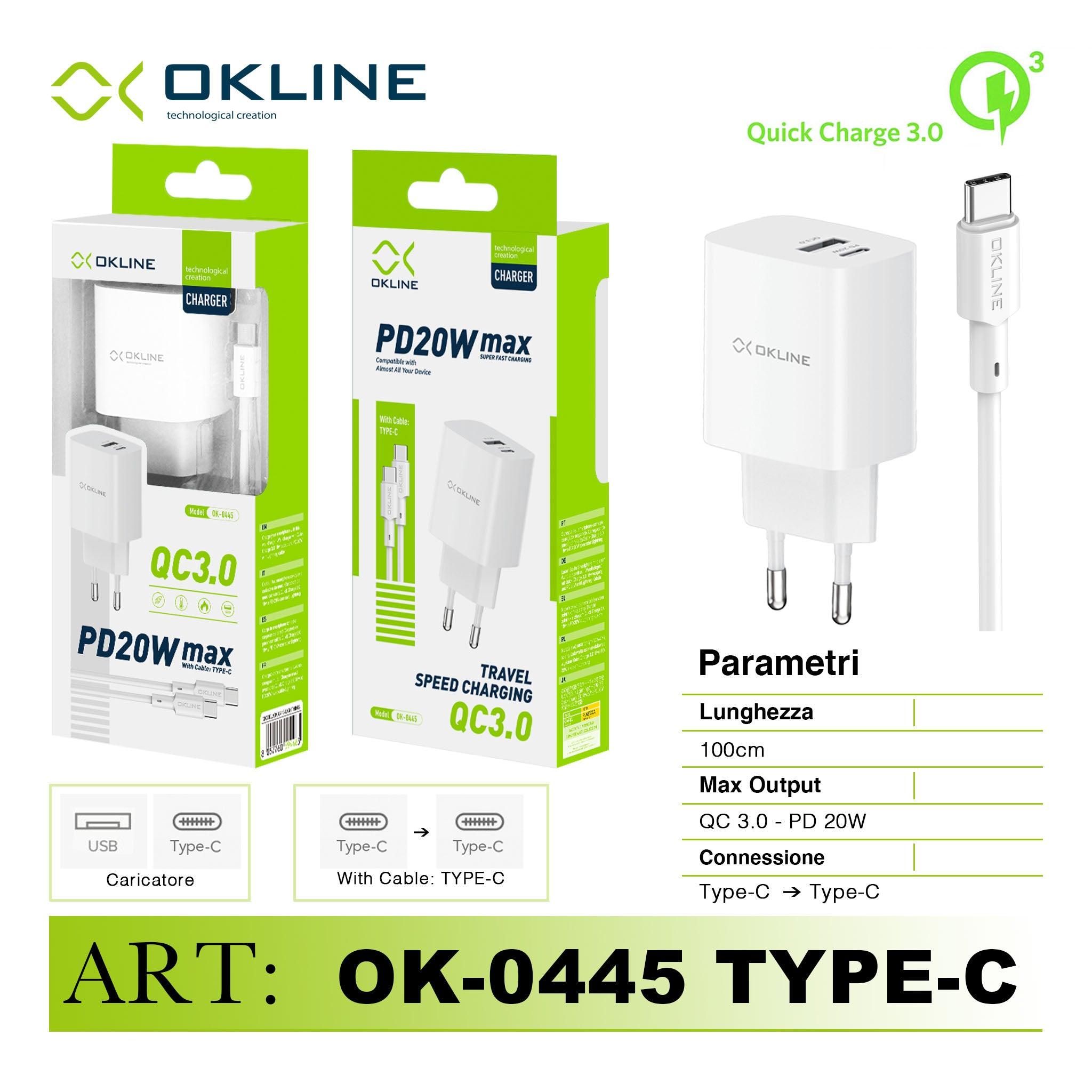 ART.OK-0445TC OKLINE Caricatore da muro QC3.0 18W e PD20WMax Con Type-C Type-C Cavo Bianco - koseakasa