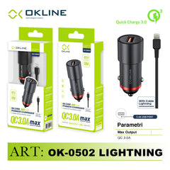 ART.OK-0502IP OKLINE USB Caricatore Auto 3.0A Con Iphone Lighting USB Cavo Nero - koseakasa