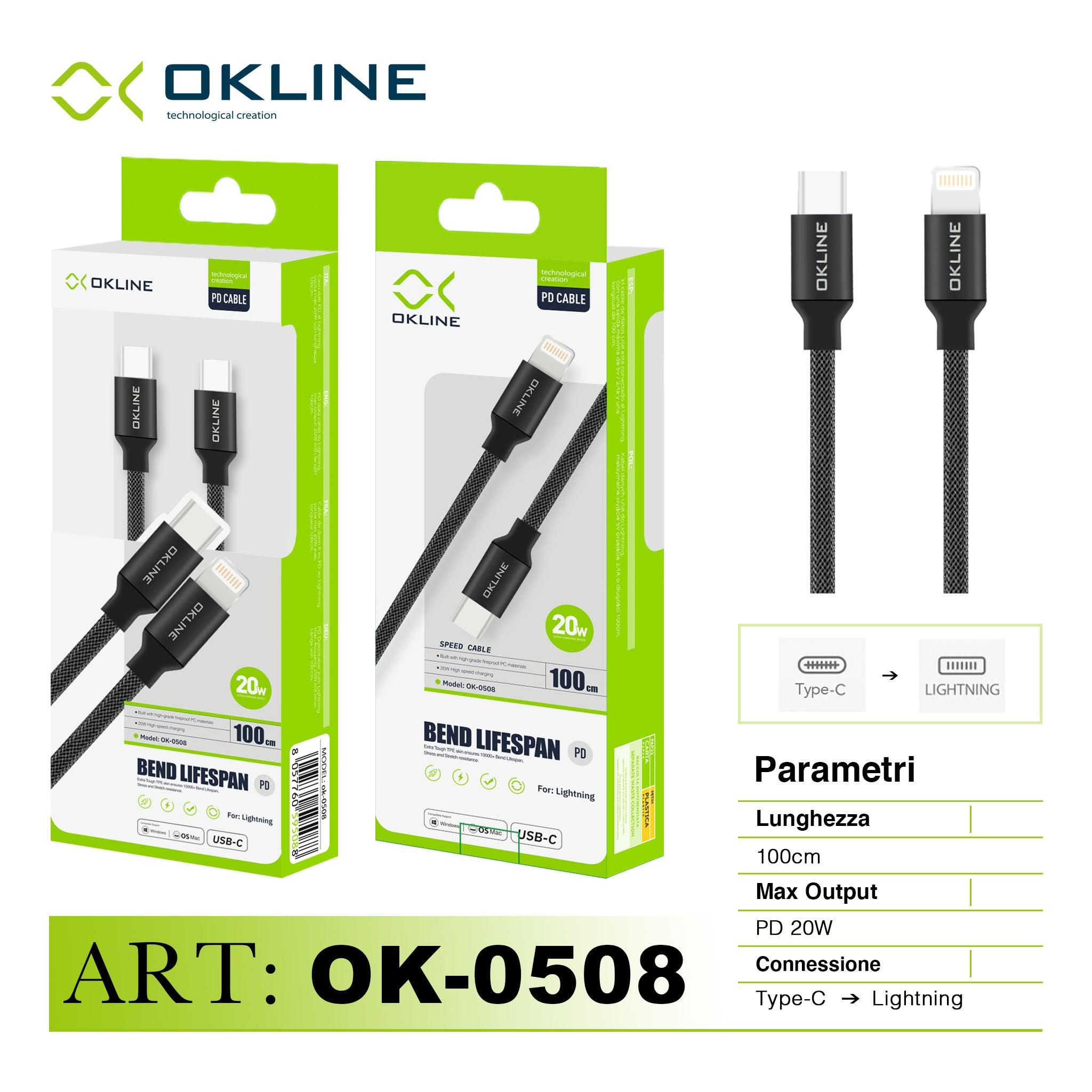 ART.OK-0508 OKLINE Type-C Iphone Lightning Cavo intrecciato Bend Lifespan PD 20W 100cm Nero - koseakasa