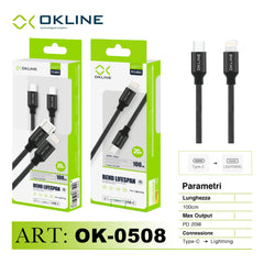 ART.OK-0508 OKLINE Type-C Iphone Lightning Cavo intrecciato Bend Lifespan PD 20W 100cm Nero - koseakasa