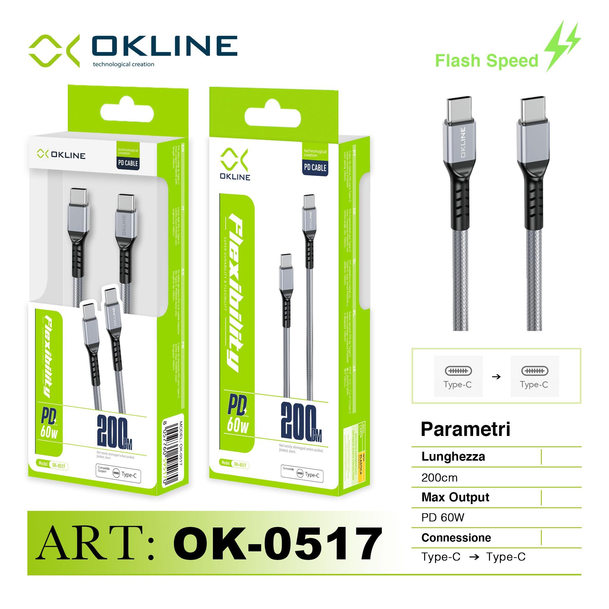 ART.OK-0517 OKLINE Type-C Type-C Cavo intrecciato PD 60W 200cm Argento - koseakasa