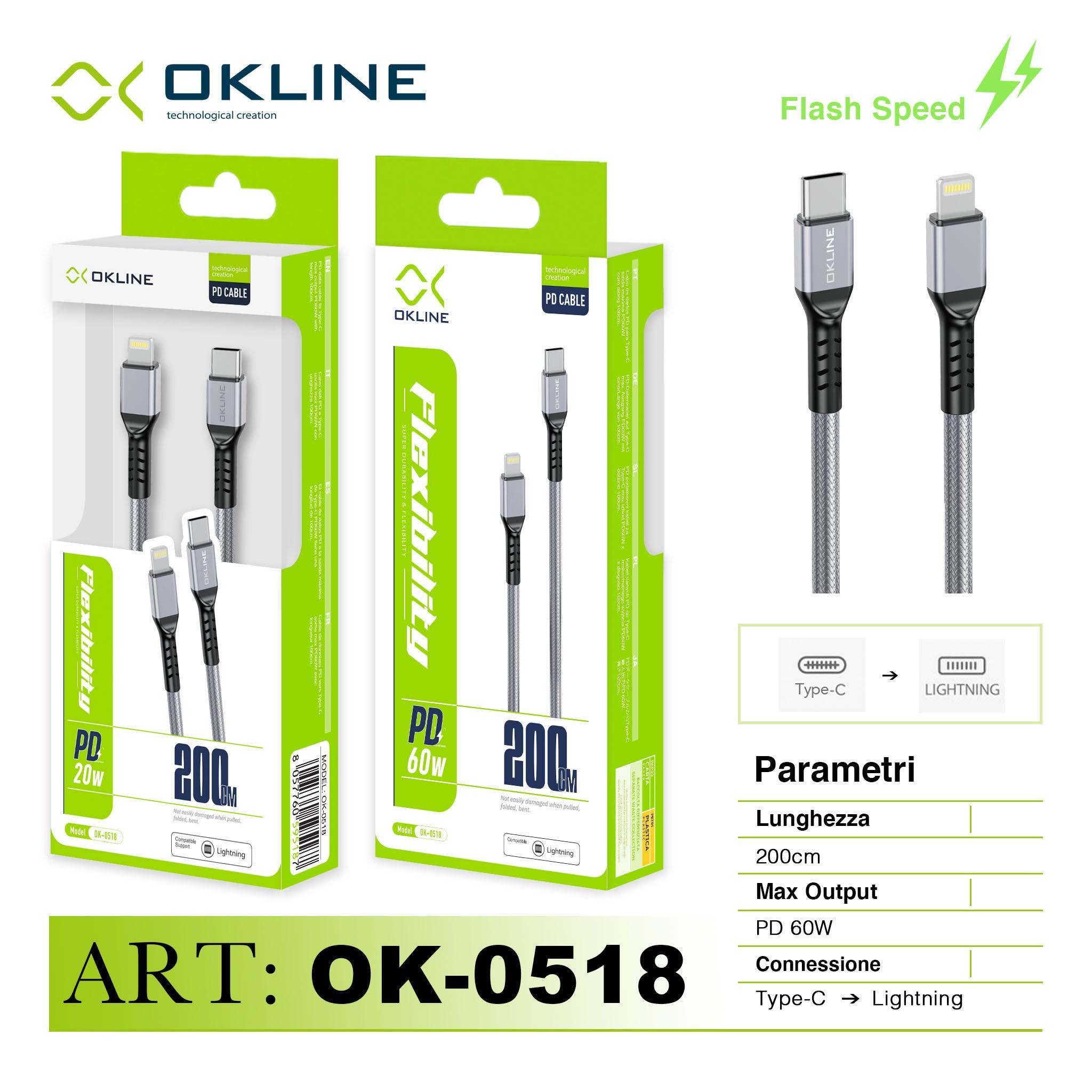 ART.OK-0518 OKLINE Type-C Iphone Lightning Cavo intrecciato PD 20W 200cm Argento - koseakasa