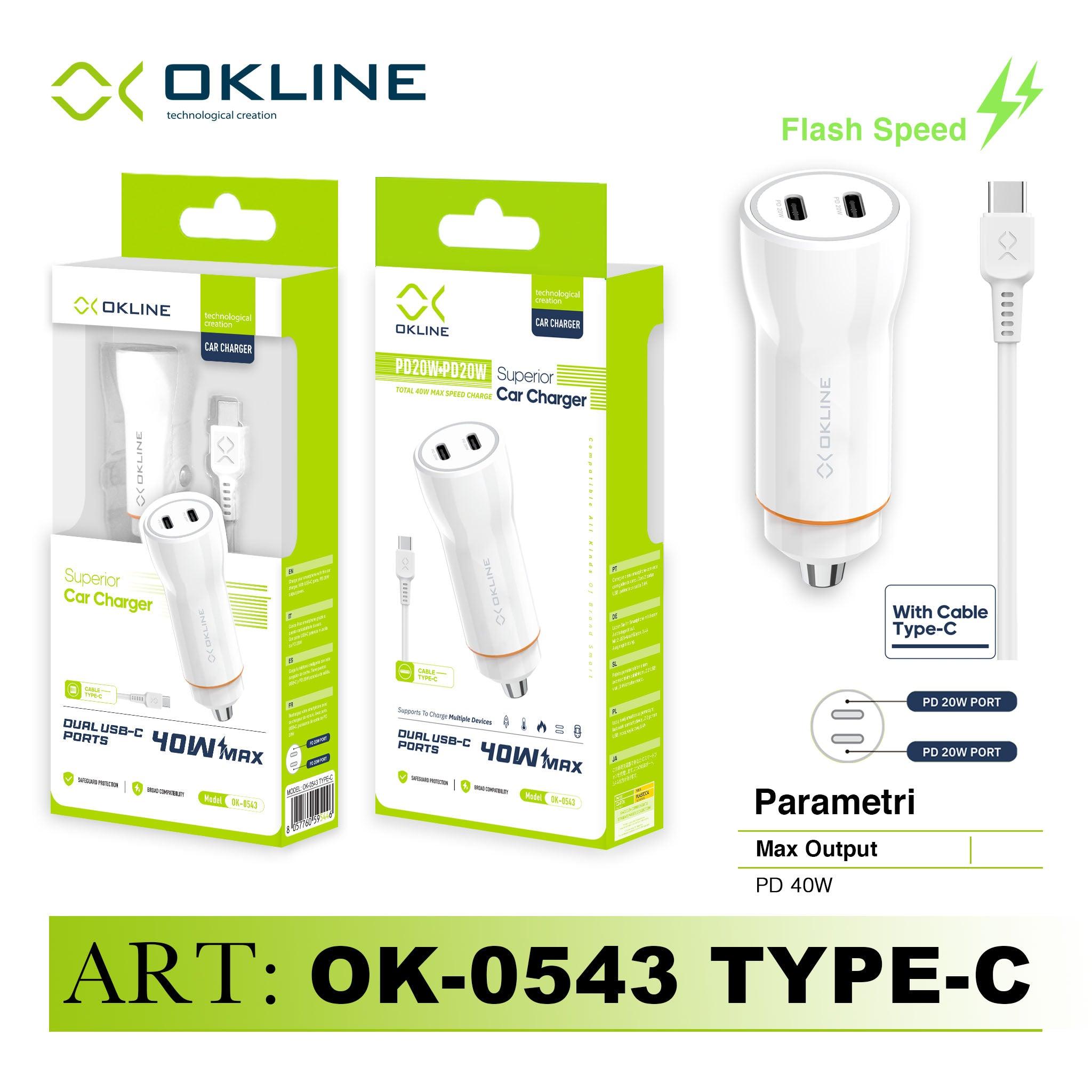 ART.OK-0543TC OKLINE 2TYPE-C PD20W Caricatore Auto Con Type-C Cavo Bianco - koseakasa