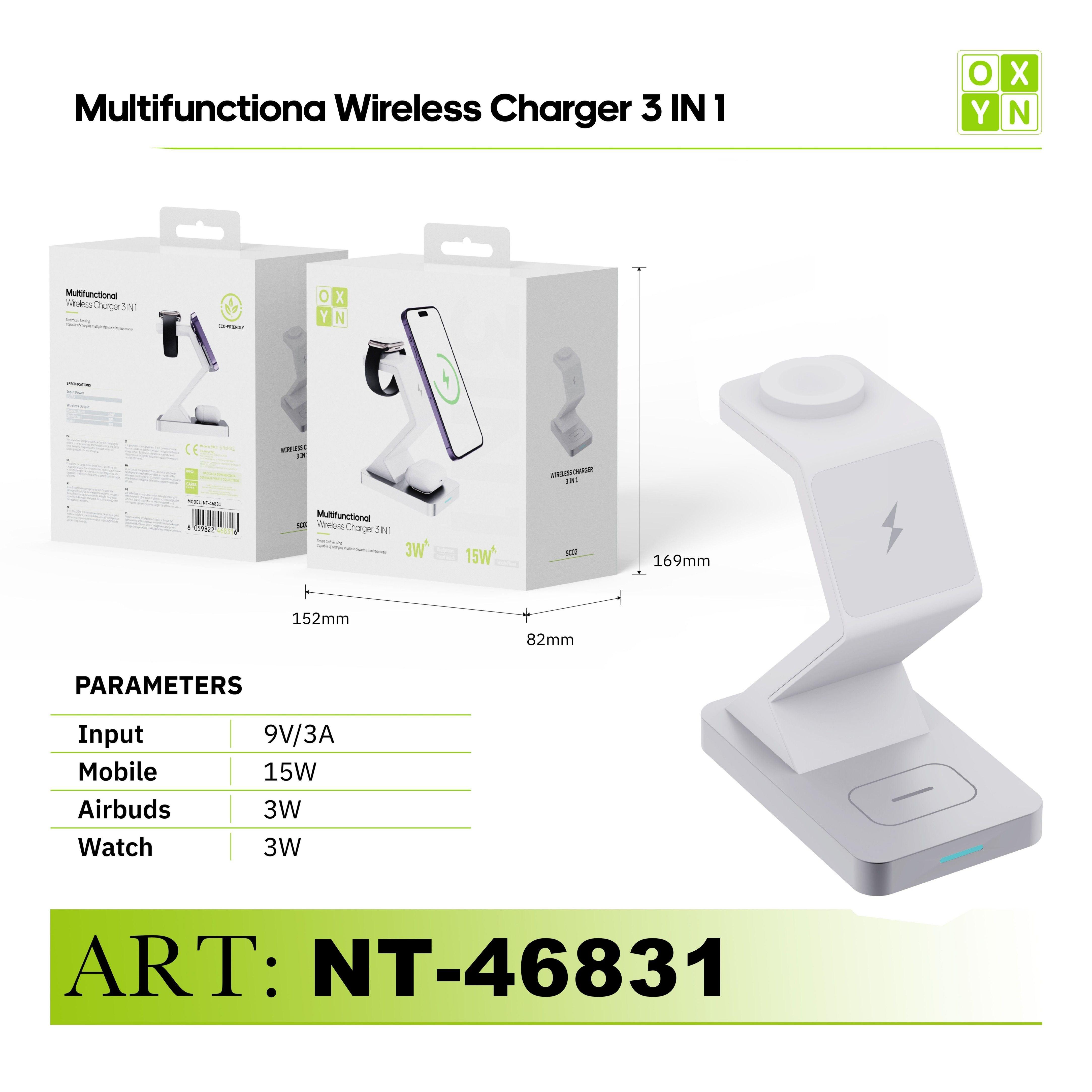 ART.NT-46831 OXYN CARICATORE WIRELESS MULTIFUNZIONALE 3IN1 BIANCO - koseakasa