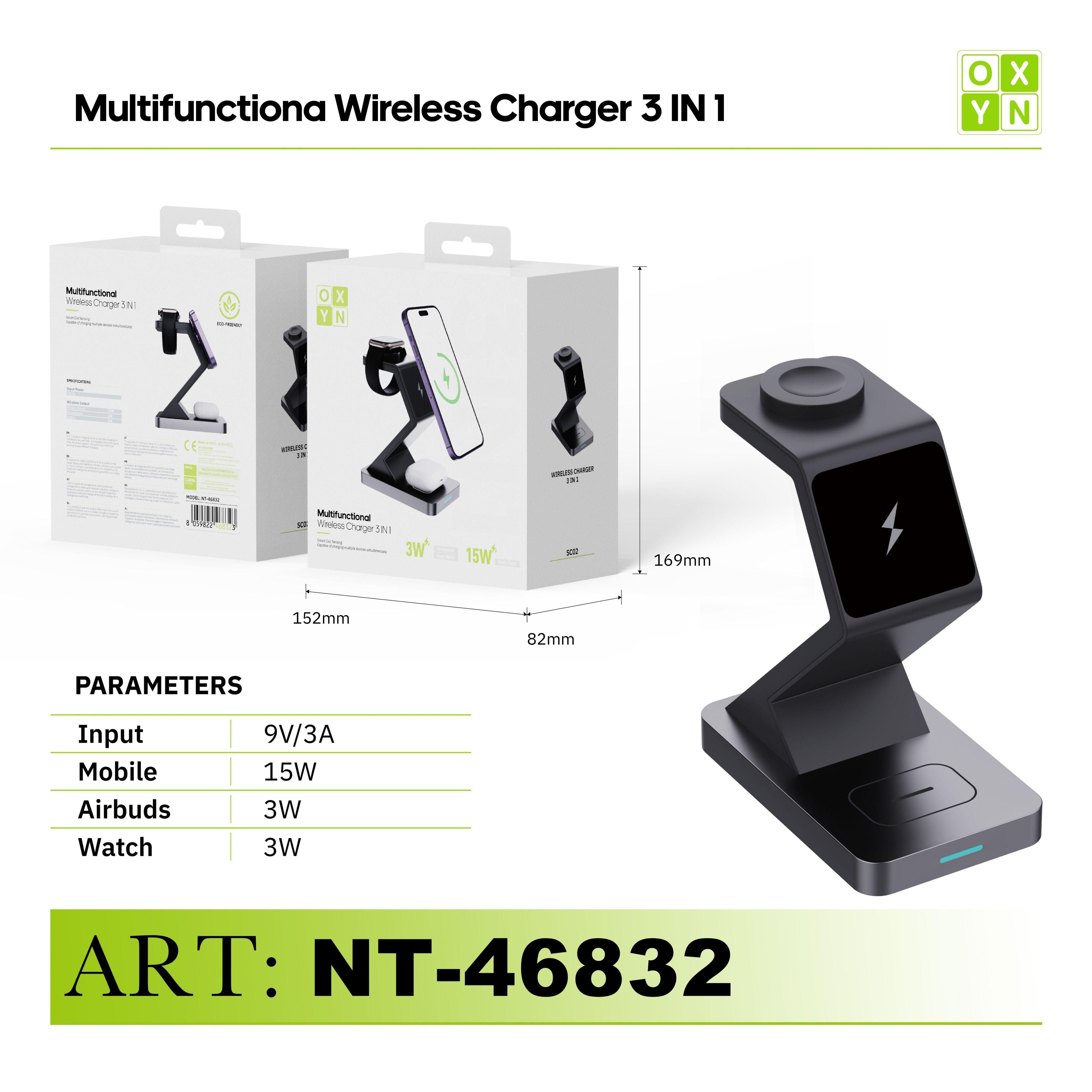 ART.NT-46832 OXYN CARICATORE WIRELESS MULTIFUNZIONALE 3IN1 NERO - koseakasa