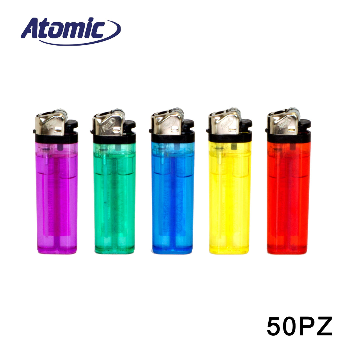 ART.8320180 3938005 3938006 ATOMIC ACCENDINO TRASPARENTE COLORATO ASS. CONF.50PZ - koseakasa