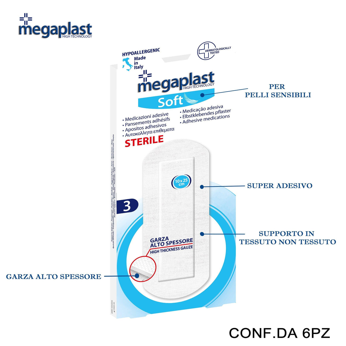 ART.120399 MEGAPLAST SOFT 3 CEROTTI 10X25 TNT/BIANCO STERILE CONF.3 6PZ - koseakasa