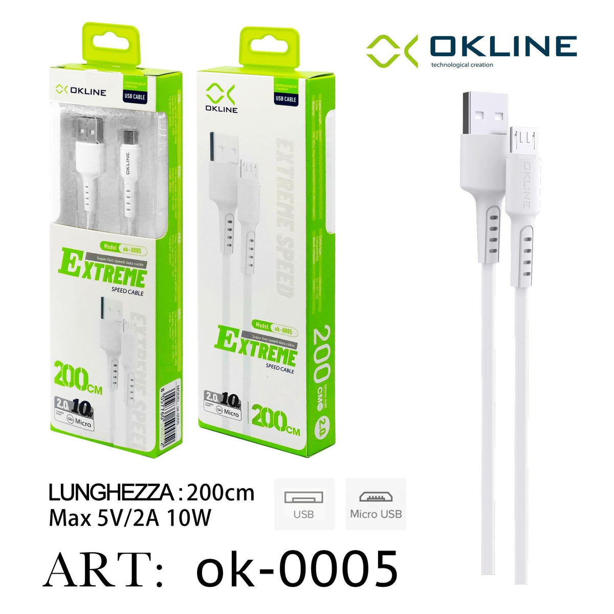 ART.OK-0005 OKLINE Micro USB Cavo 200cm Bianco - koseakasa