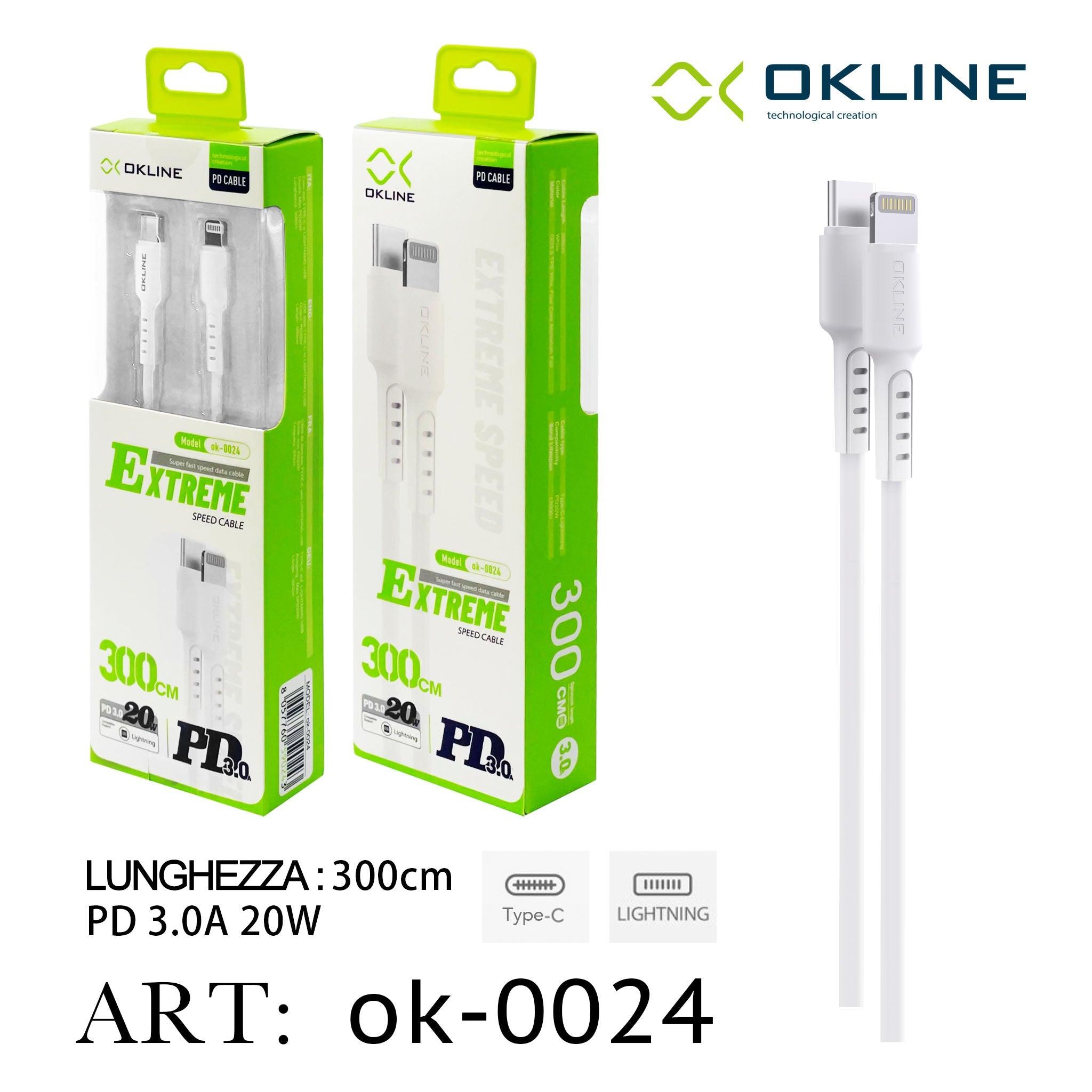 ART.OK-0024 OKLINE Type-C Iphone Lightning Cavo 3A 20W300cm Bianco - koseakasa