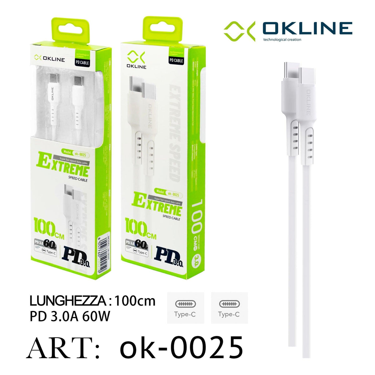ART.OK-0025 OKLINE Type-C Type-C Cavo 3A 60W100cm Bianco - koseakasa