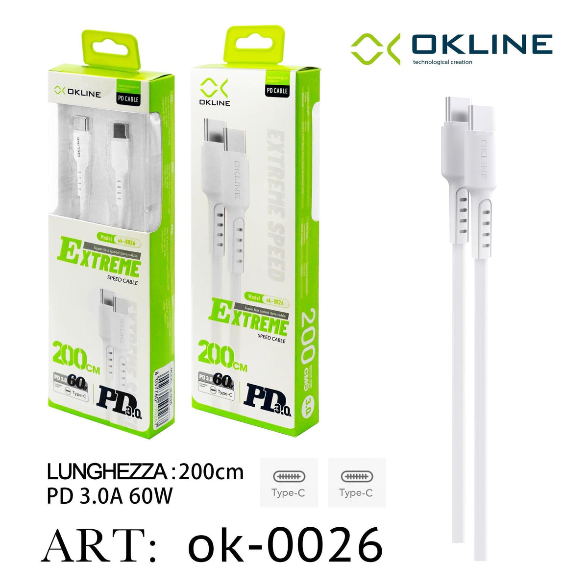 ART.OK-0026 OKLINE Type-C Type-C Cavo 3A 60W200cm Bianco - koseakasa