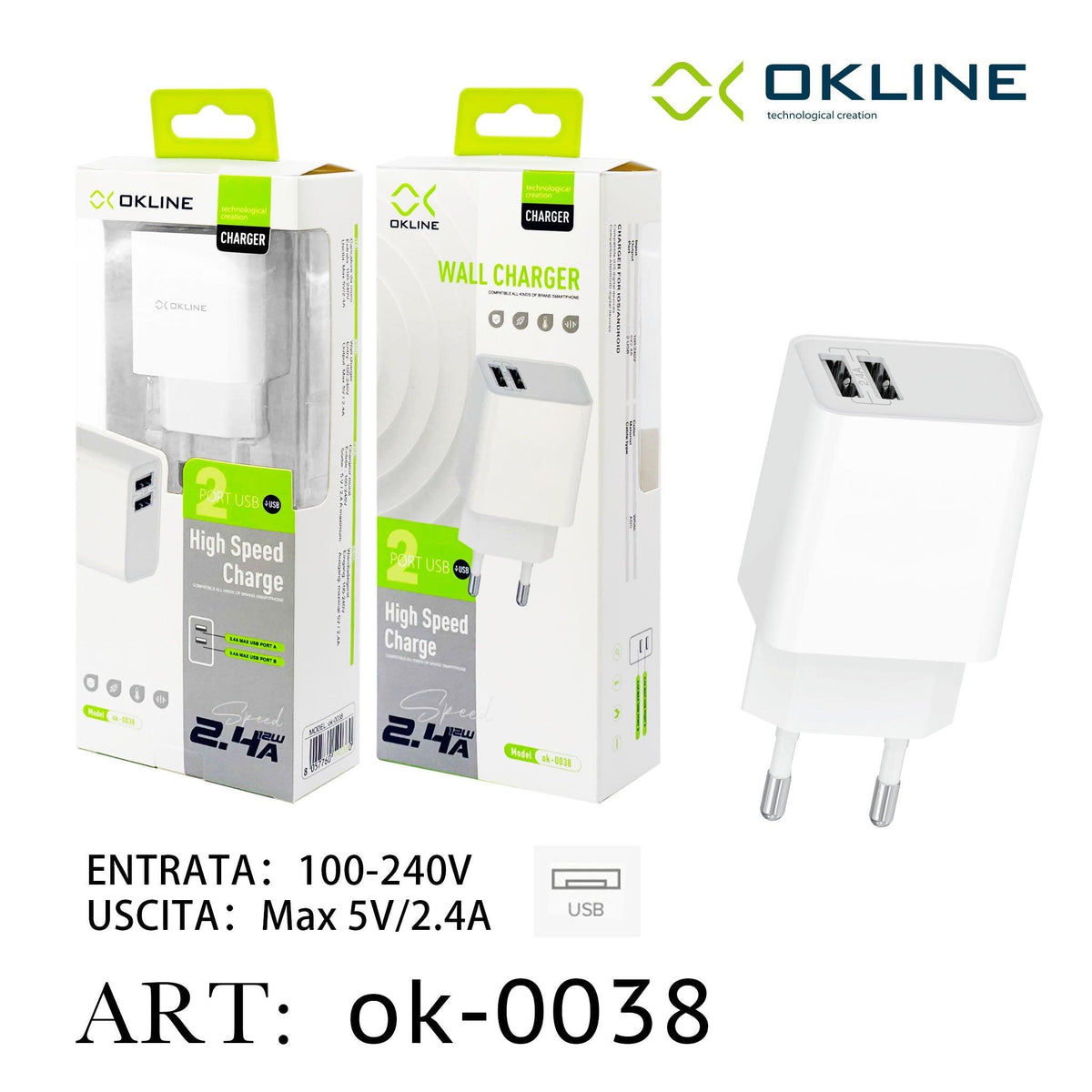 ART.OK-0038 OKLINE USB Caricatore 2.4A Bianco - koseakasa