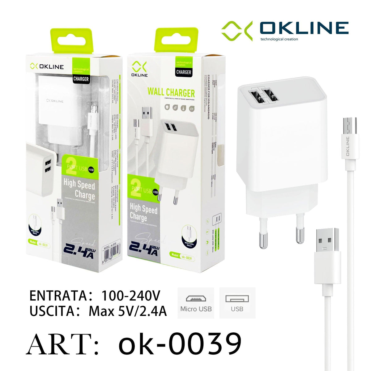 ART.OK-0039 OKLINE USB Caricatore 2.4A Con Micro USB Cavo Bianco - koseakasa