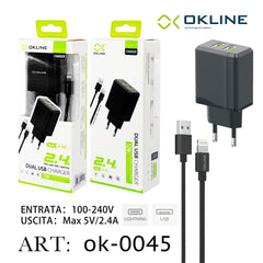 ART.OK-0045 OKLINE USB Caricatore 2.4A Con Iphone Lightning USB Cavo Nero - koseakasa