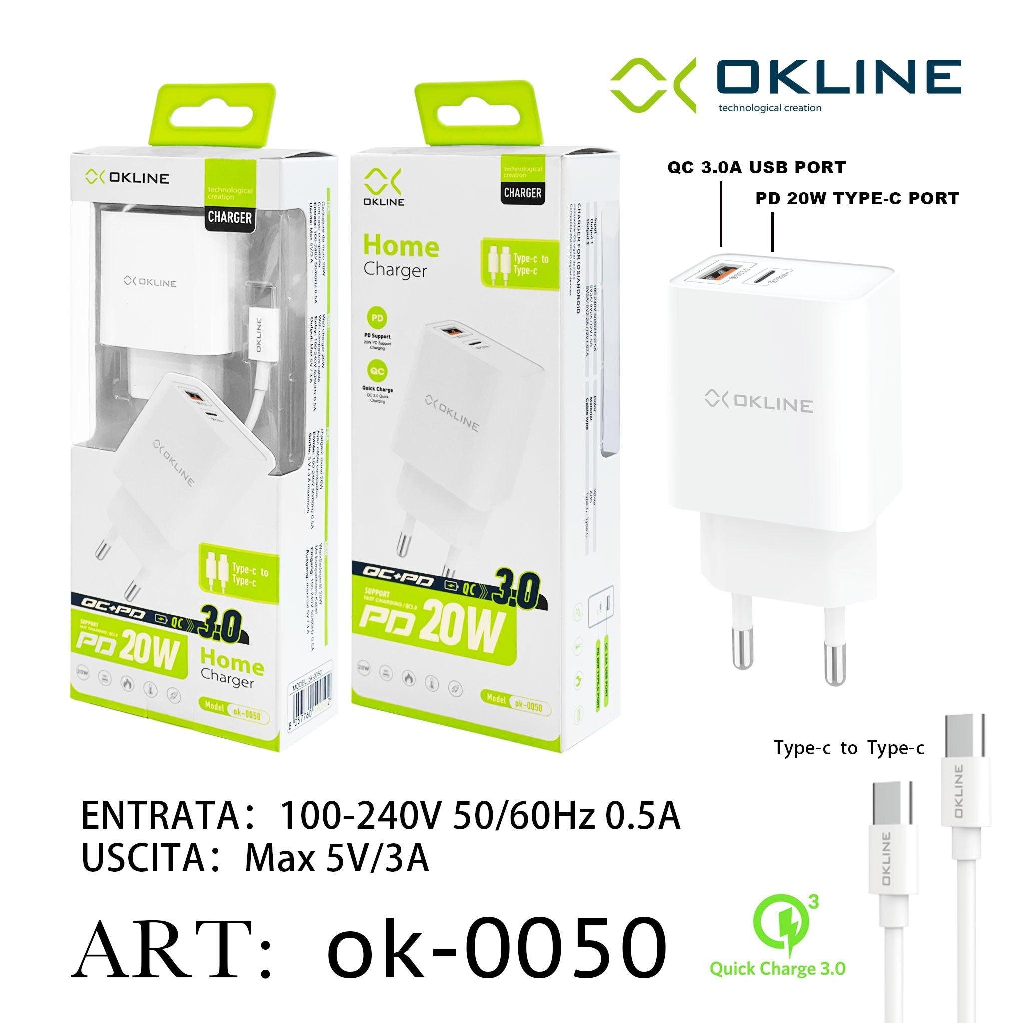 ART.OK-0050 OKLINE Caricatore da muro 20W Con cavo compatibile Bianco Type-C to Type-C - koseakasa