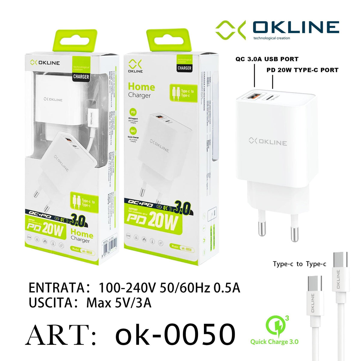 ART.OK-0050 OKLINE Caricatore da muro 20W Con cavo compatibile Bianco Type-C to Type-C - koseakasa