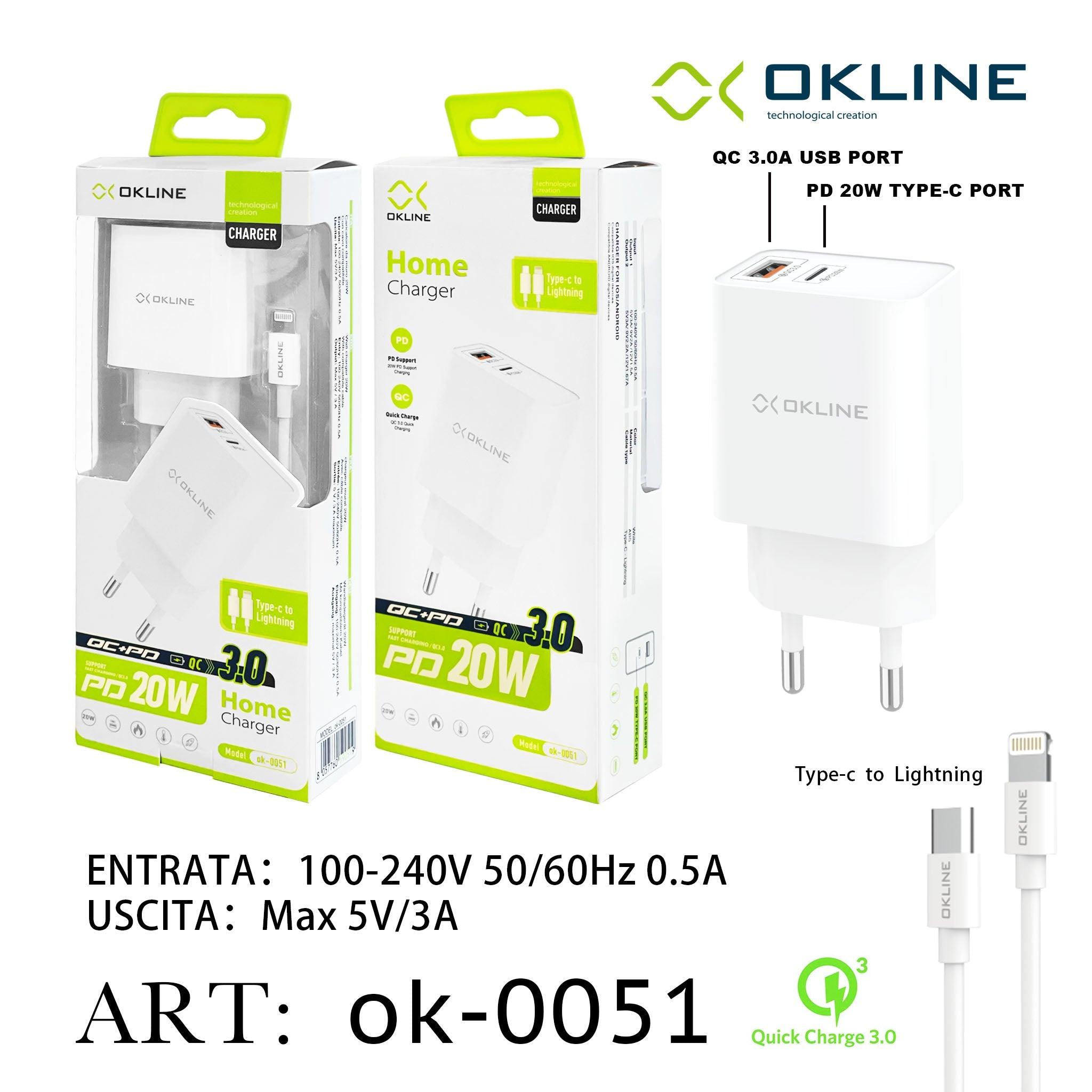 ART.OK-0051 OKLINE Caricatore da muro 20W Con cavo compatibile Bianco Type-C to Iphone Lightning - koseakasa