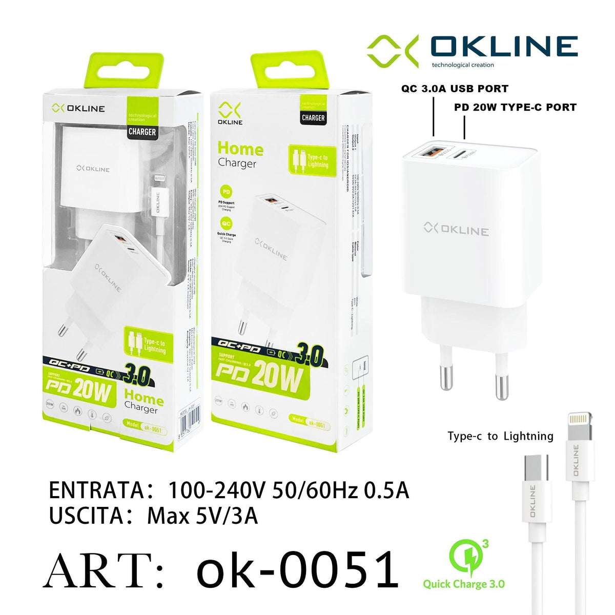 ART.OK-0051 OKLINE Caricatore da muro 20W Con cavo compatibile Bianco Type-C to Iphone Lightning - koseakasa
