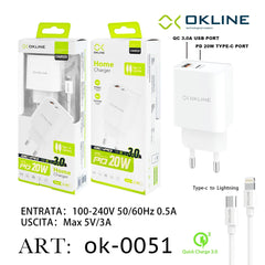 ART.OK-0051 OKLINE Caricatore da muro 20W Con cavo compatibile Bianco Type-C to Iphone Lightning - koseakasa