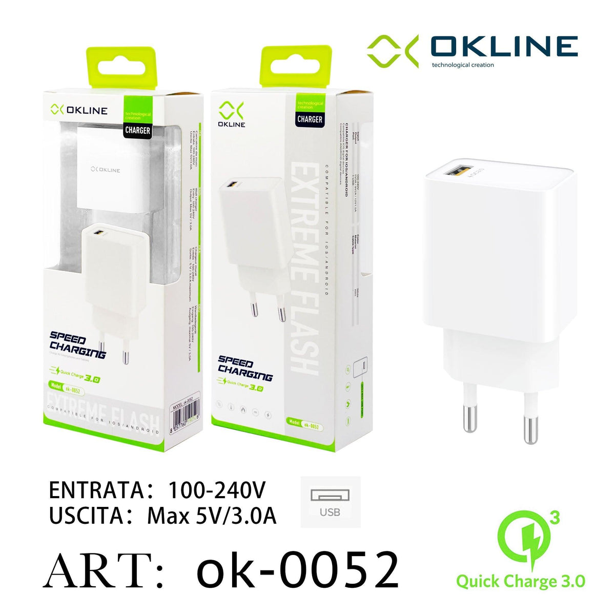 ART.OK-0052 OKLINE USB Caricatore QC3.0 Bianco - koseakasa