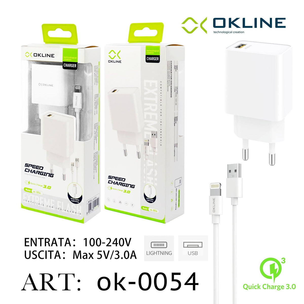 ART.OK-0054 OKLINE USB Caricatore QC3.0 Con Iphone Lightning USB Cavo Bianco - koseakasa