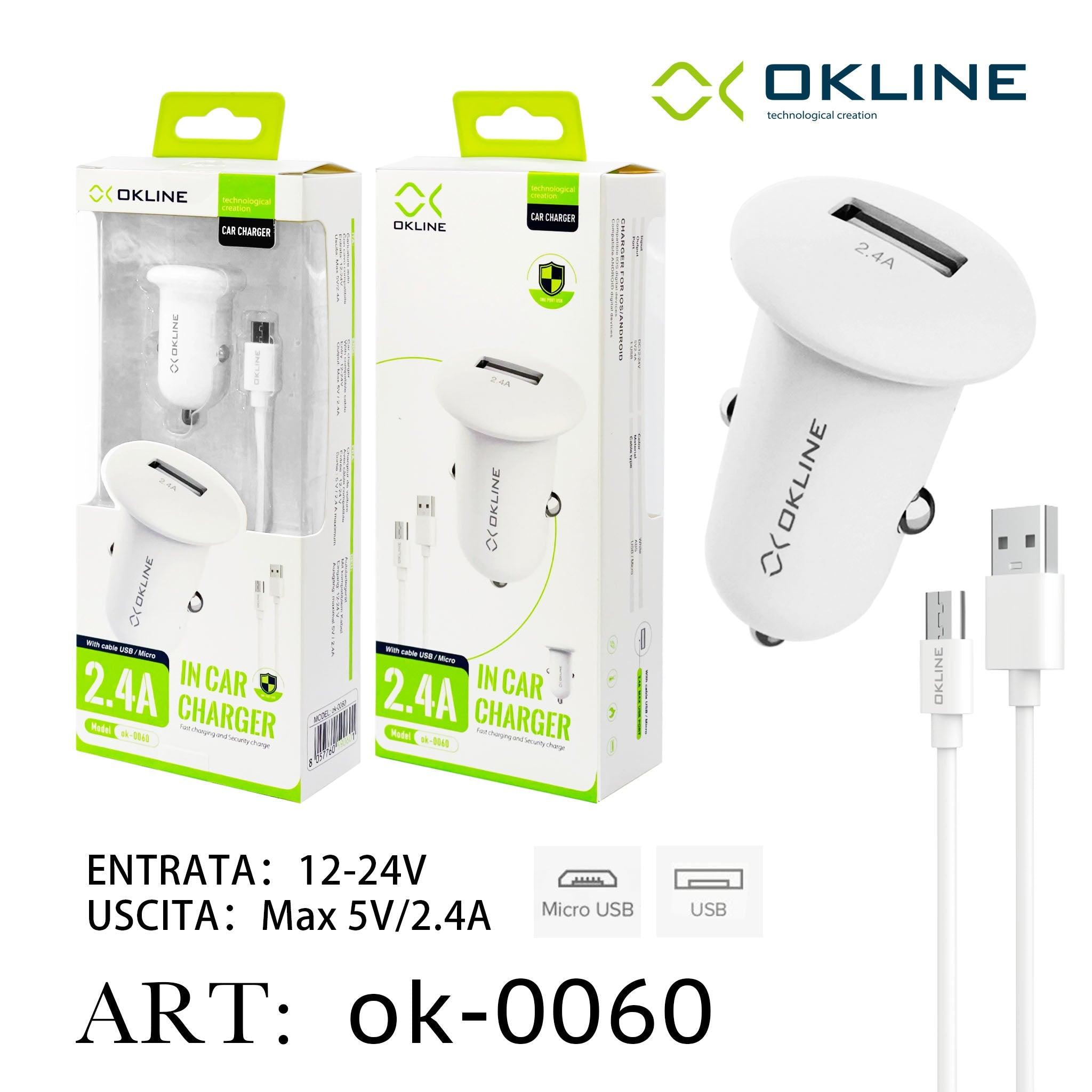 ART.OK-0060 OKLINE USB Caricatore Auto 2.4A Con Micro USB Cavo Bianco - koseakasa