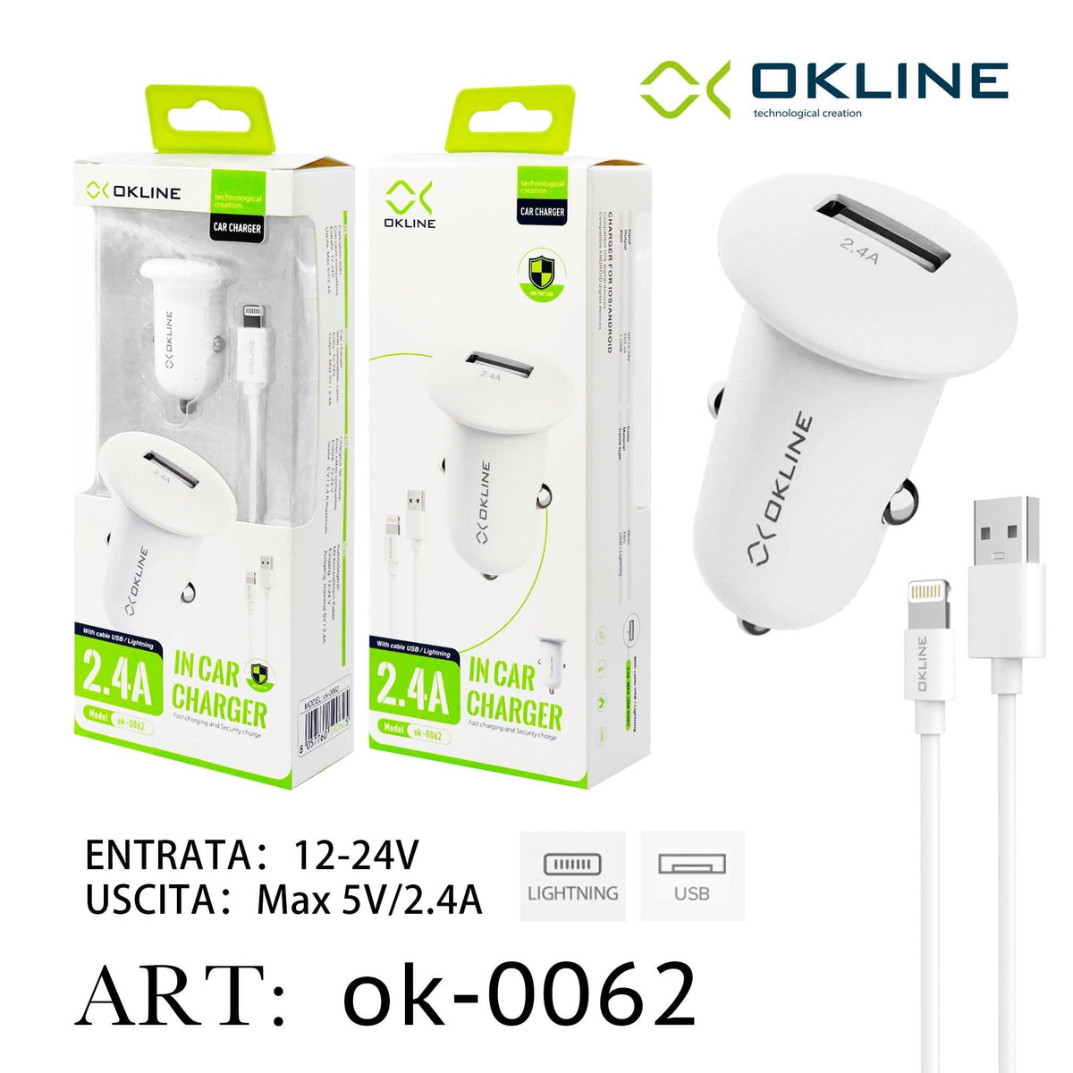 ART.OK-0062 OKLINE USB Caricatore Auto 2.4A Con Iphone Lightning USB Cavo Bianco - koseakasa