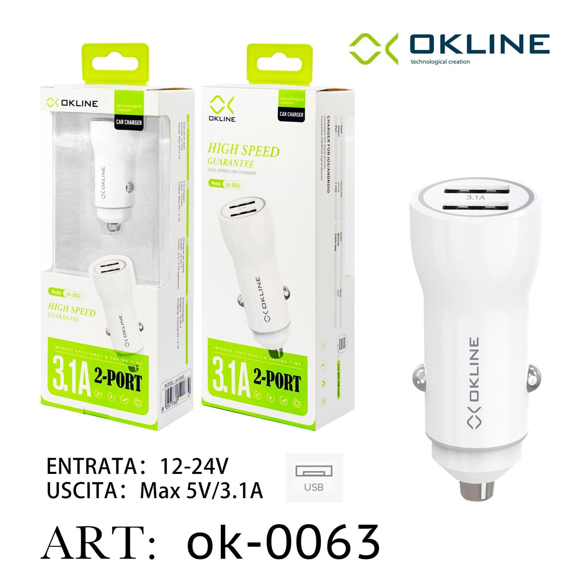 ART.OK-0063 OKLINE USB Caricatore Auto 3.1A Bianco - koseakasa