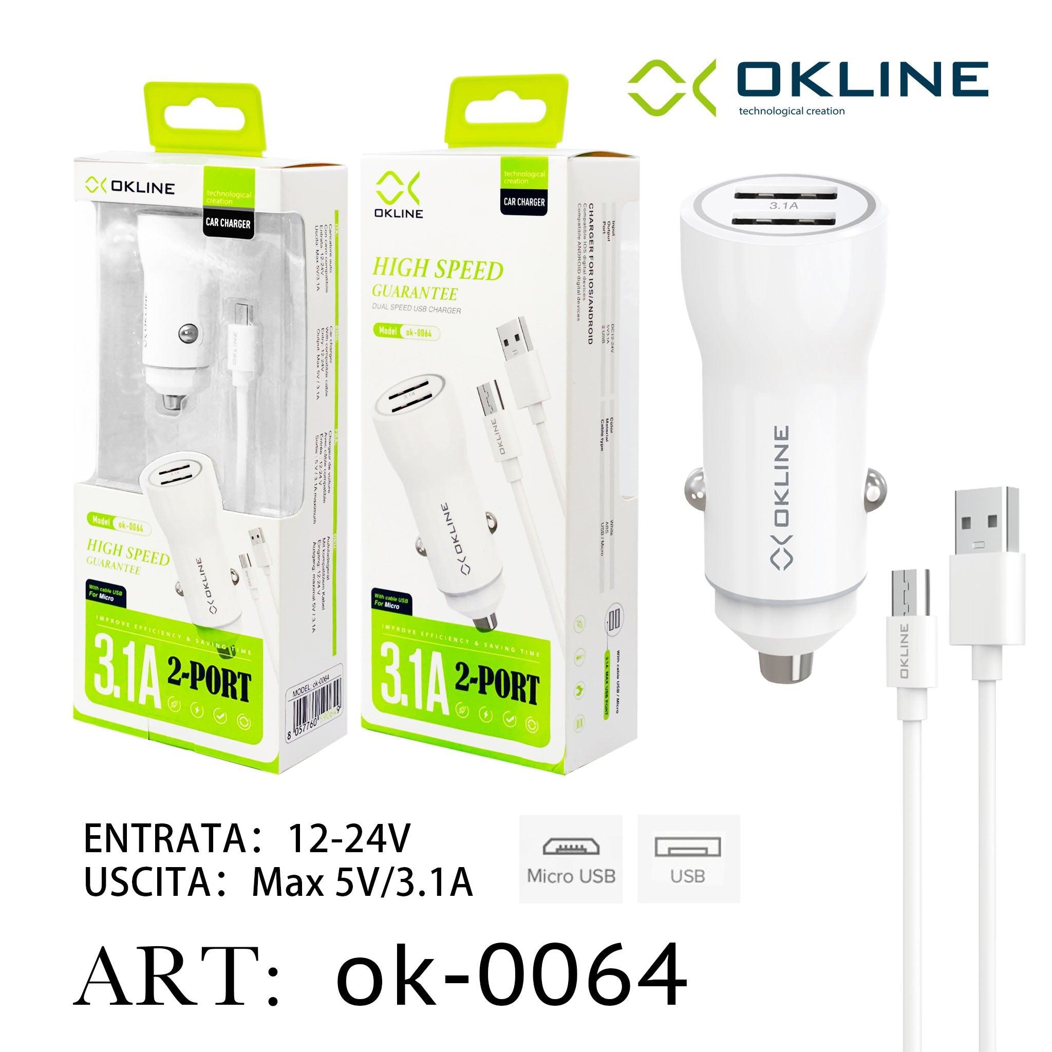 ART.OK-0064 OKLINE USB Caricatore Auto 3.1A Con Micro USB Cavo Bianco - koseakasa