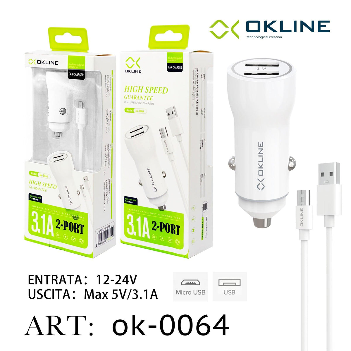 ART.OK-0064 OKLINE USB Caricatore Auto 3.1A Con Micro USB Cavo Bianco - koseakasa