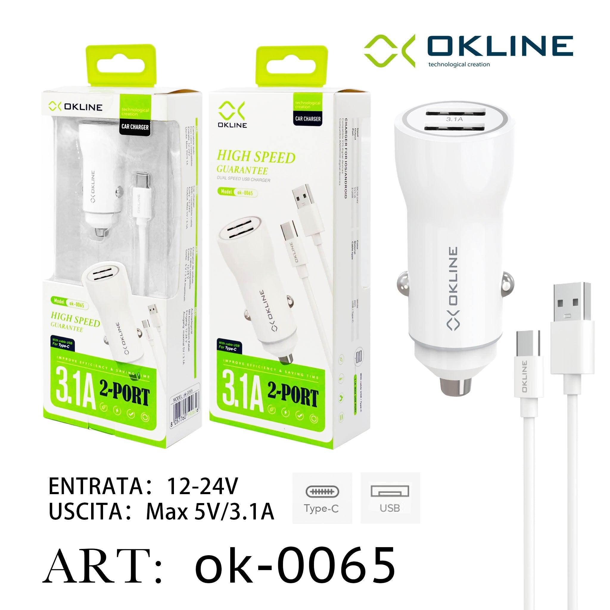 ART.OK-0065 OKLINE USB Caricatore Auto 3.1A Con Type-C USB Cavo Bianco - koseakasa