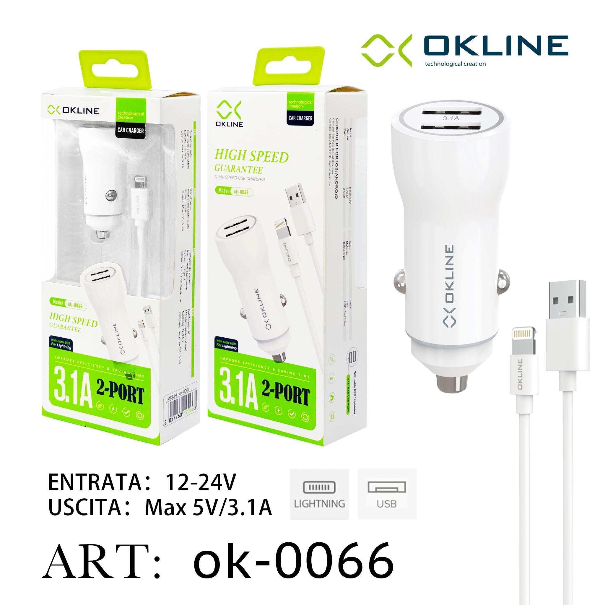 ART.OK-0066 OKLINE USB Caricatore Auto 3.1A Con Iphone Lightning USB Cavo Bianco - koseakasa