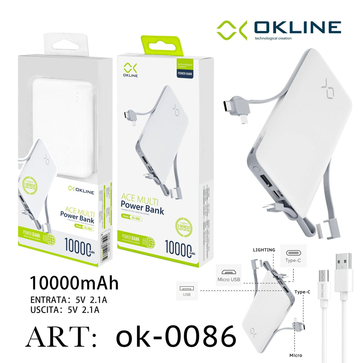 ART.OK-0086 OKLINE WHITE POWER BANK 10000mAH - koseakasa