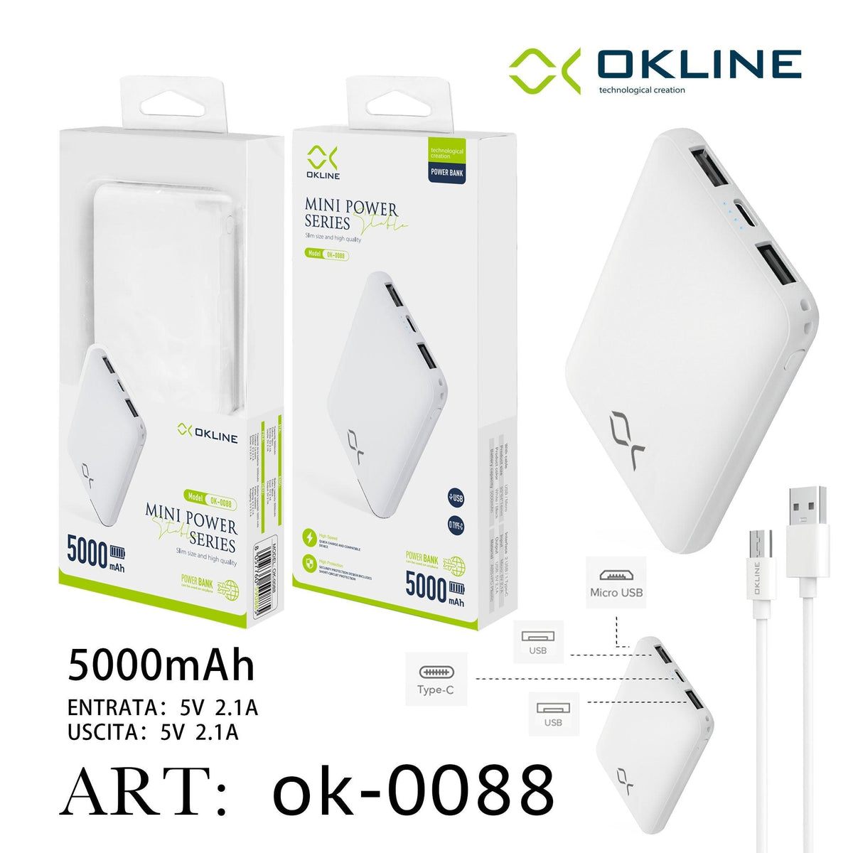 ART.OK-0088 OKLINE WHITE MINI POWER BANK 5000mAH - koseakasa