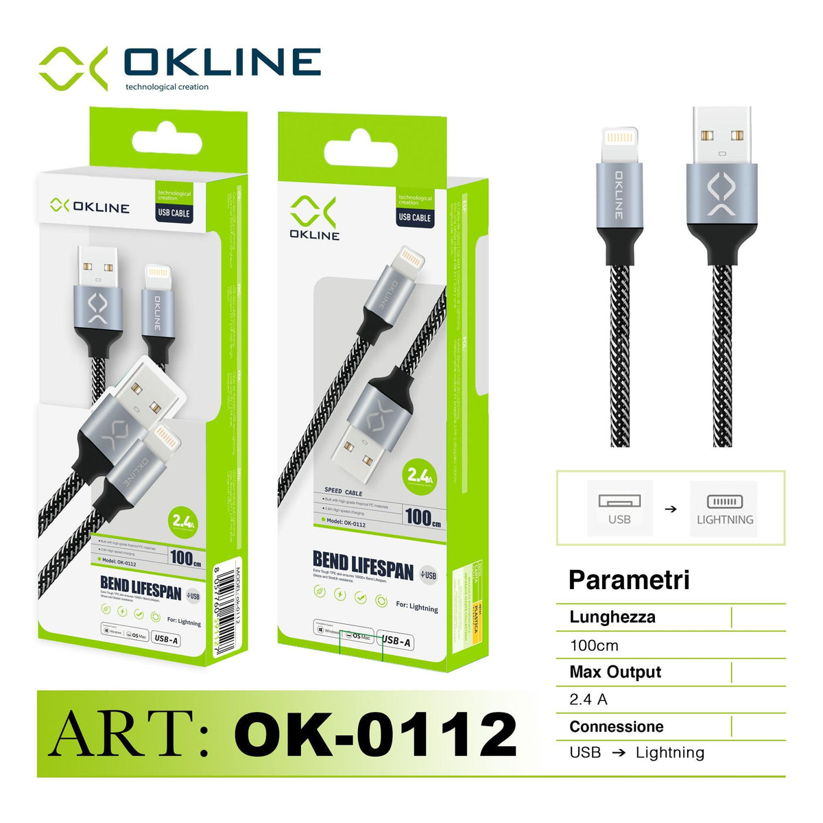 ART.OK-0112 OKLINE Iphone Lightning USB  Cavo intrecciato 2.4A 100cm Argento - koseakasa
