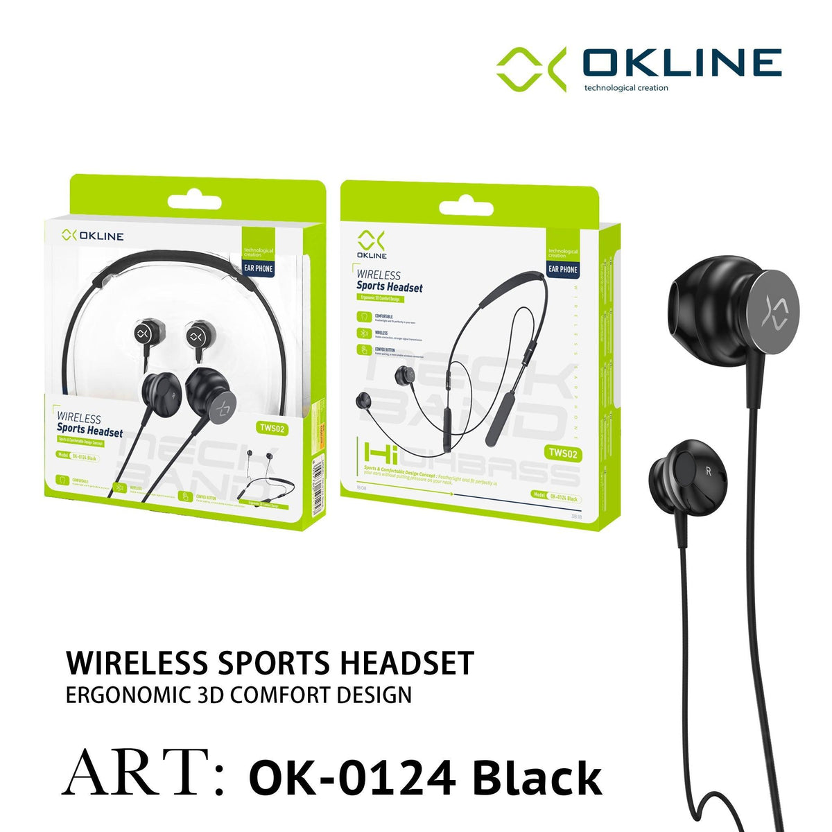 ART.OK-0124NERO OKLINE WIRELESS HEADSET AURICOLARE SPORT NERO - koseakasa