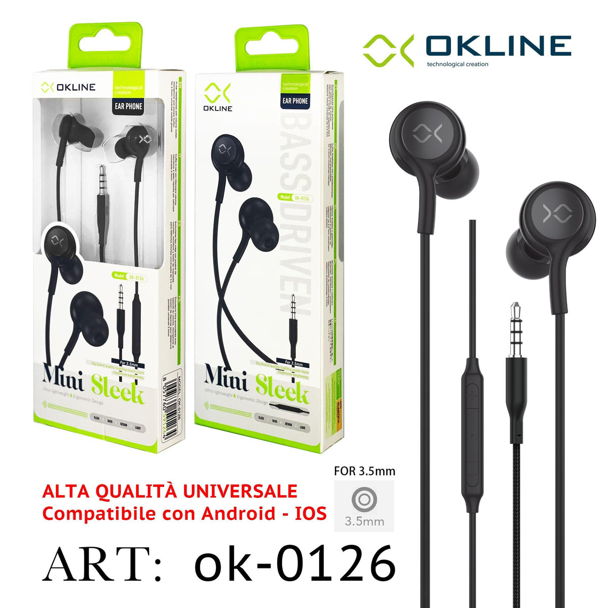 ART.OK-0126 OKLINE MINI SLEEK AURICOLARE A FILO INTRECCIATO 3.5MM NERO - koseakasa