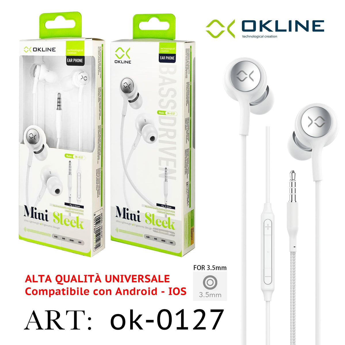 ART.OK-0127 OKLINE MINI SLEEK AURICOLARE A FILO INTRECCIATO 3.5MM BIANCO - koseakasa