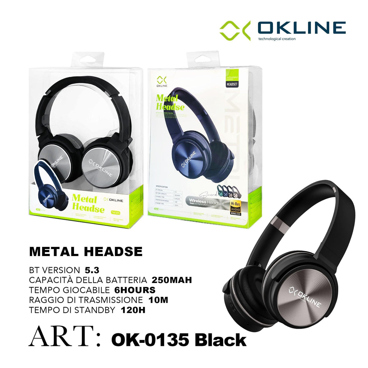 ART.OK-0135NERO OKLINE METAL HEADSE CUFFIE BLUETOOTH NERO - koseakasa