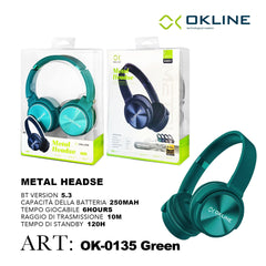 ART.OK-0135VER OKLINE METAL HEADSE CUFFIE BLUETOOTH VERDE - koseakasa