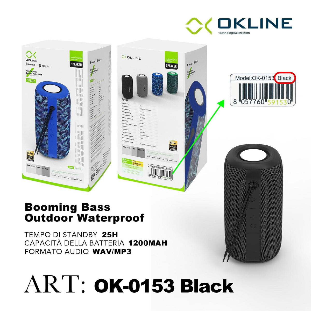 ART.OK-0153NERO OKLINE BOOMING BASS STEREO WATERPROOF WIRELESS NERO - koseakasa
