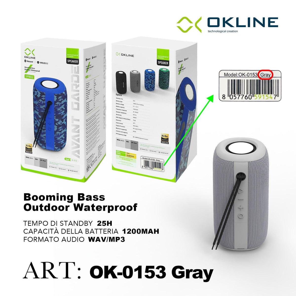 ART.OK-0153GRI OKLINE BOOMING BASS STEREO WATERPROOF WIRELESS GRIGIO - koseakasa