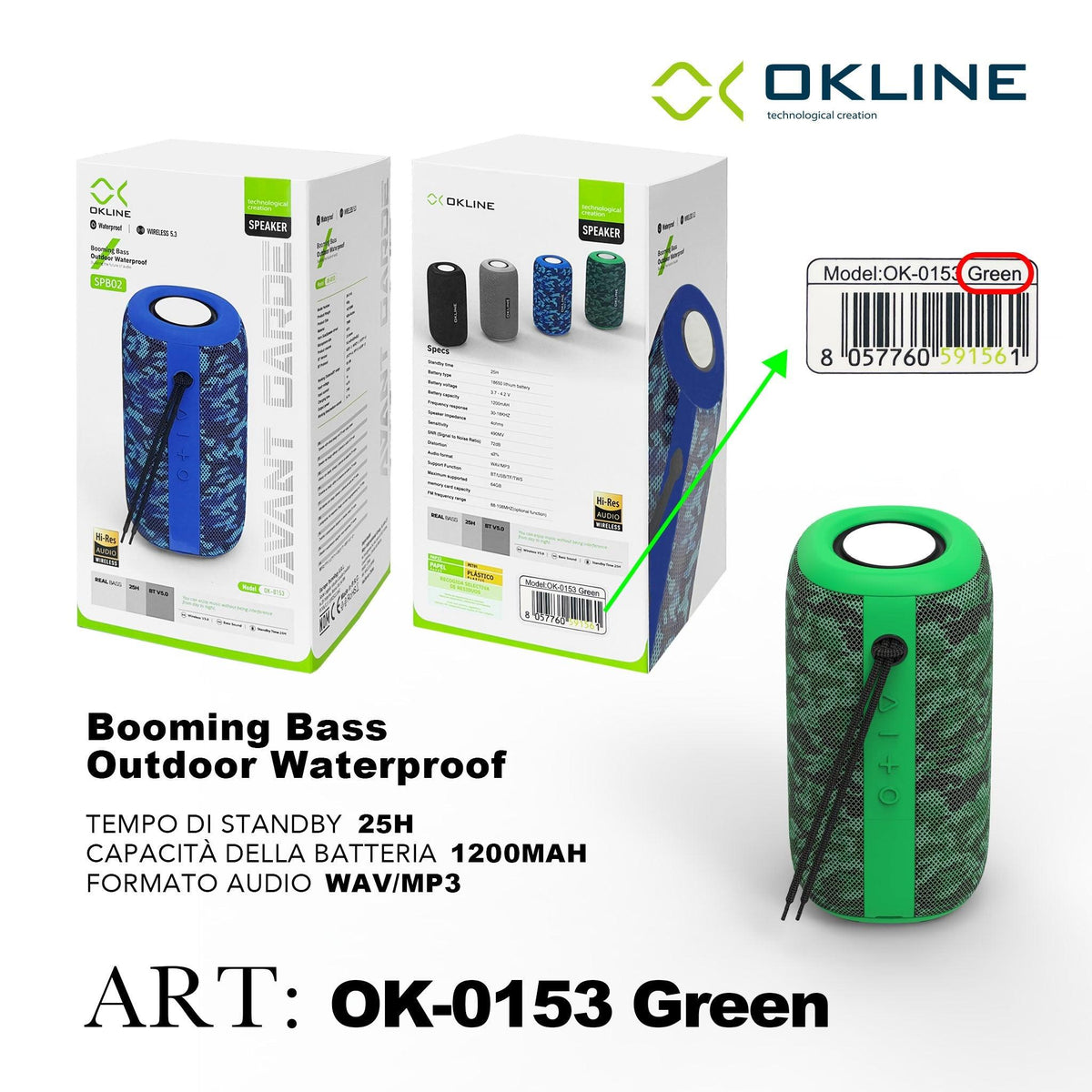 ART.OK-0153VER OKLINE BOOMING BASS STEREO WATERPROOF WIRELESS VERDE - koseakasa