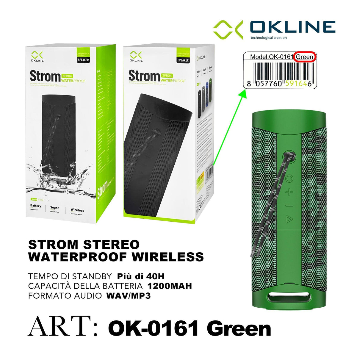 ART.OK-0161VER OKLINE STROM STEREO WATERPROOF WIRELESS VERDE - koseakasa